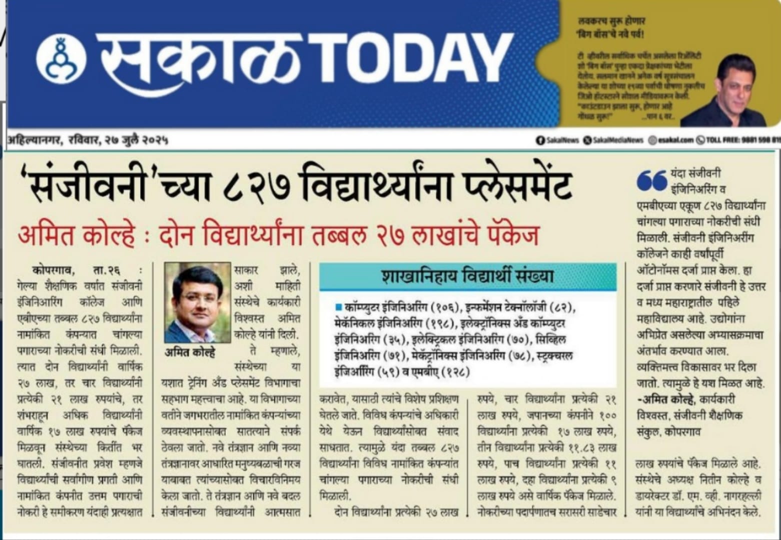 827 Sanjivani Students Placed in Various Companies