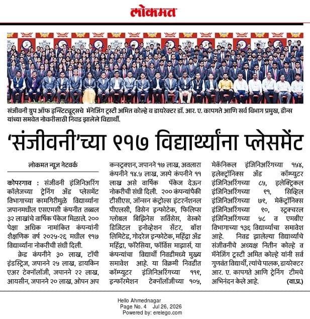 Sanjivani Engineering: 917 Students Get Placed, Average Package ₹6.8 Lakhs
