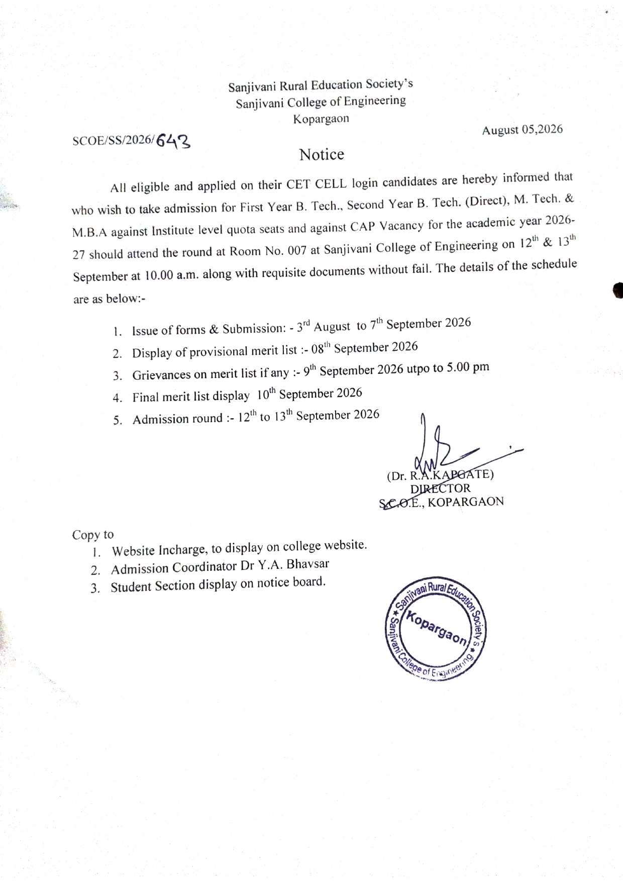 Sanjivani College of Engineering Announces Admissions for Academic Year 2026–27